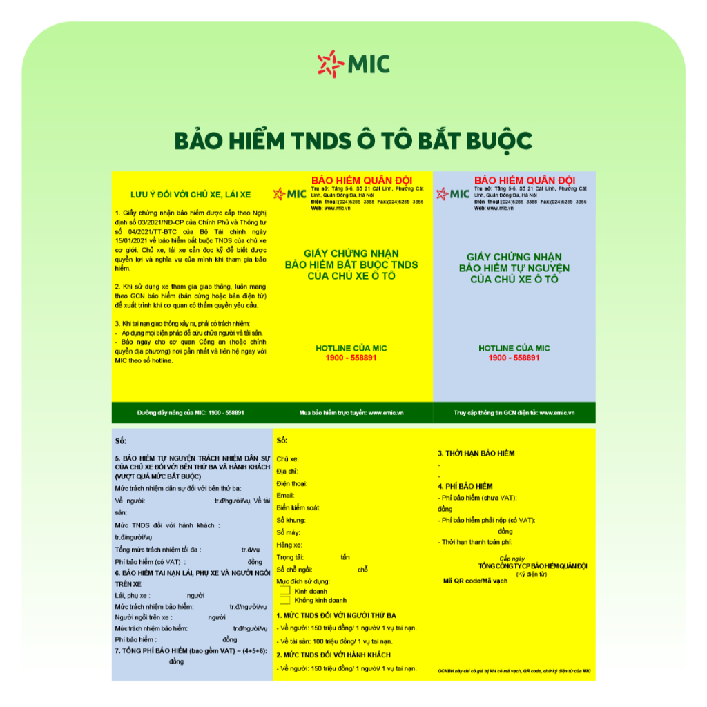 Toàn quốc [E-Voucher] Bảo hiểm TNDS ô tô MIC, xe 4 đến 8 chỗ ngồi, xe bán tải