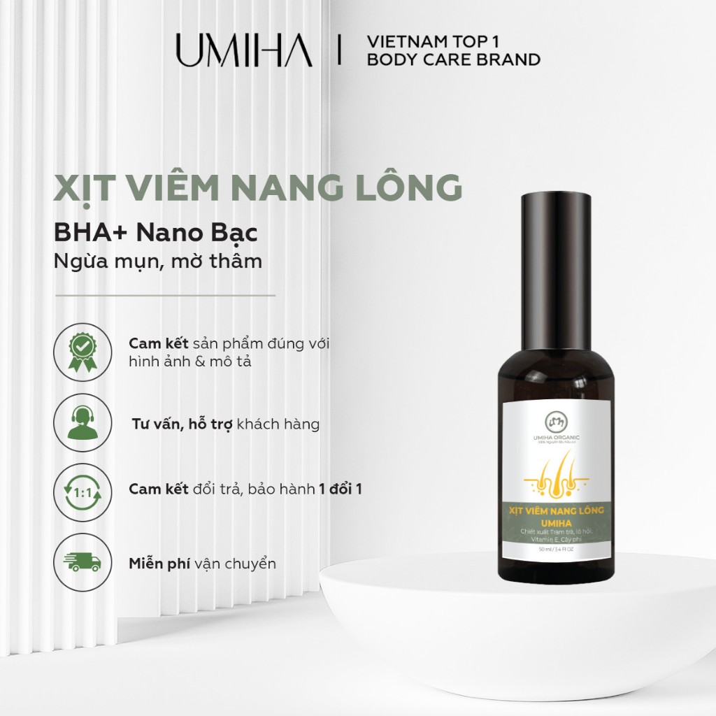 Xịt viêm nang lông mụn thâm UMIHA (50ml) - x2 hiệu quả ngừa viêm nang lông, ngừa mụn, trắng da với BHA và Nano Bạc