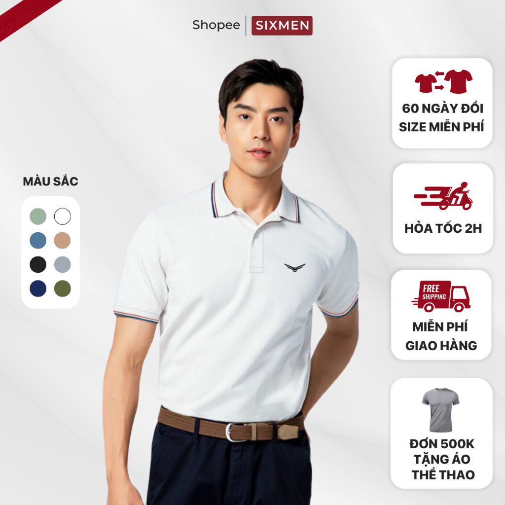 Áo polo nam cao cấp có cổ  SIXMEN 3RIM Eagle - Áo polo vải CVC cotton thoáng mát, sang trọng