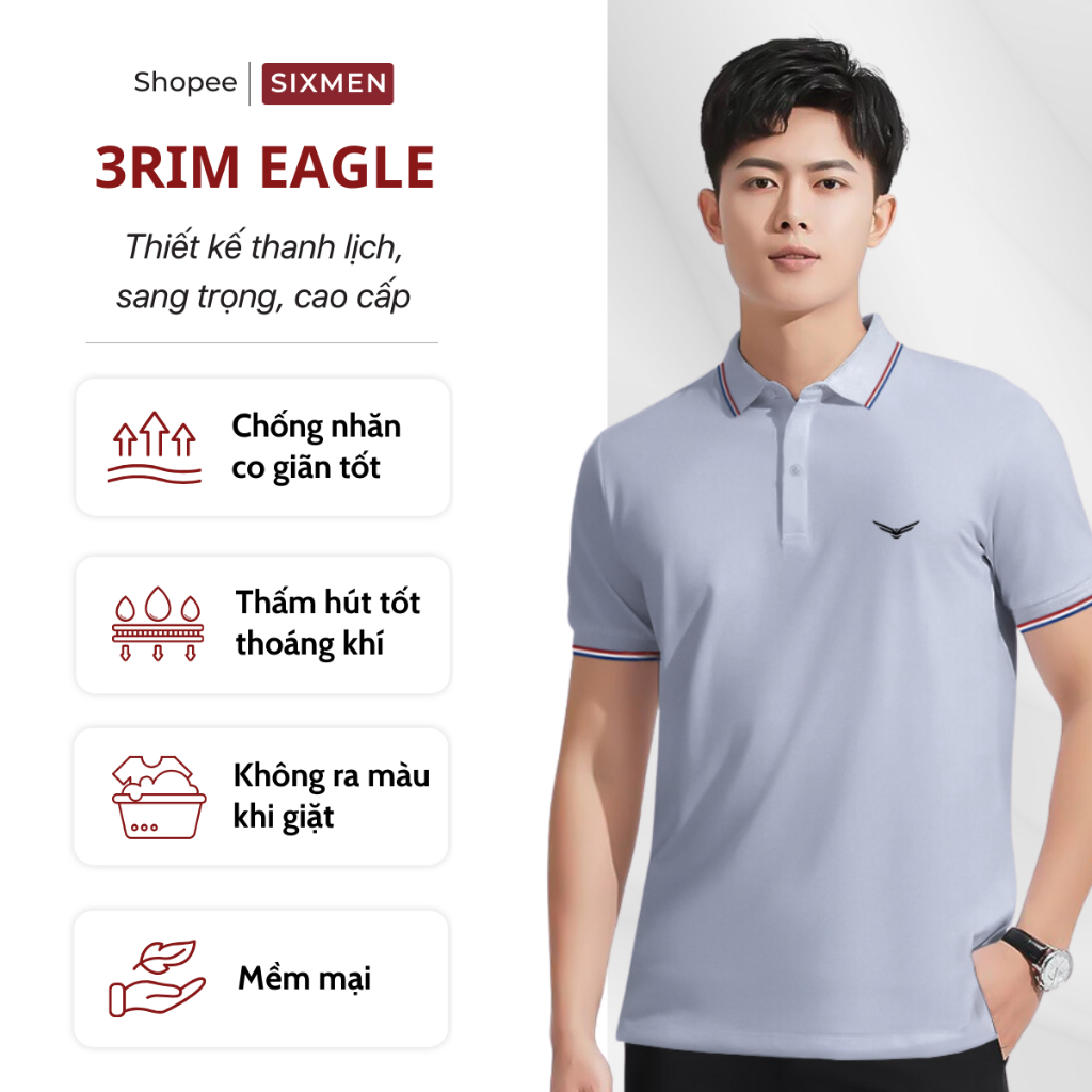 Áo polo nam cao cấp có cổ  SIXMEN 3RIM Eagle - Áo polo vải CVC cotton thoáng mát, sang trọng