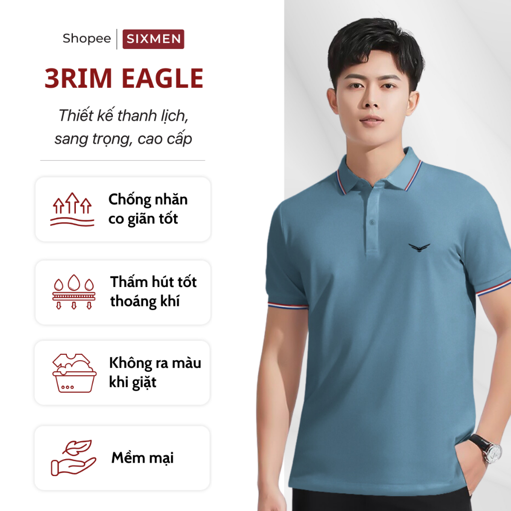 Áo polo nam cao cấp có cổ  SIXMEN 3RIM Eagle - Áo polo vải CVC cotton thoáng mát, sang trọng
