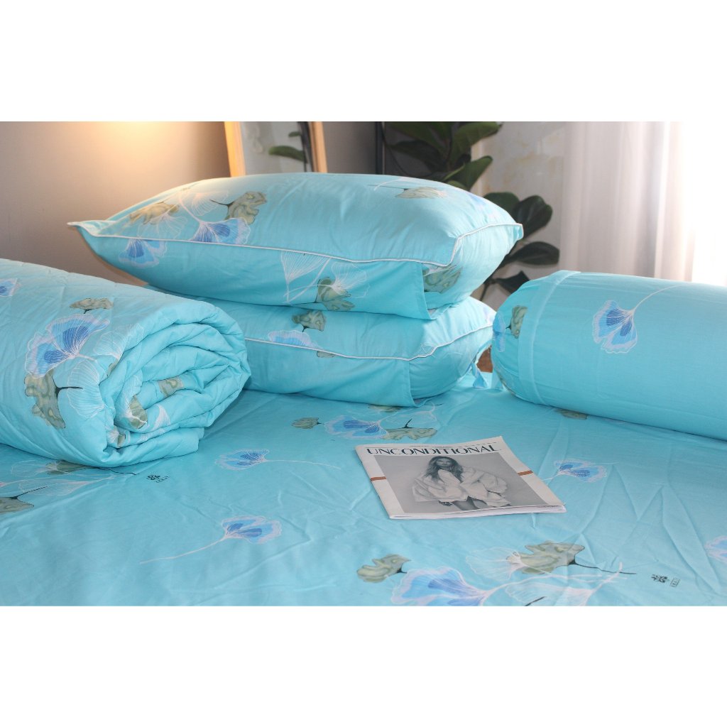 Bộ drap gối KHA LY - cotton thiên nhiên - Rau Má-Xanh Ngọc - VN348