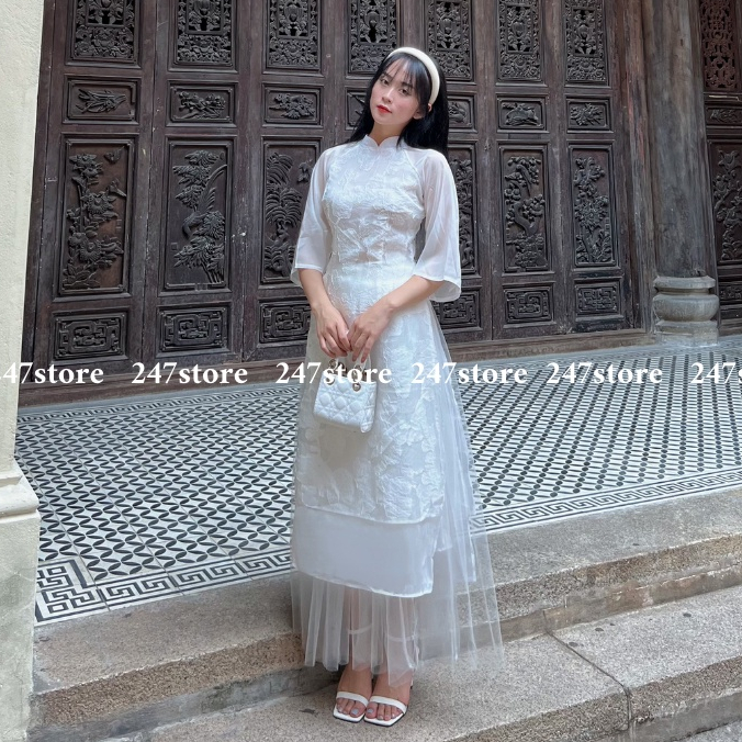 (Ảnh thật) Set áo dài cách tân voan phối ren kèm chân váy mã Aodai213