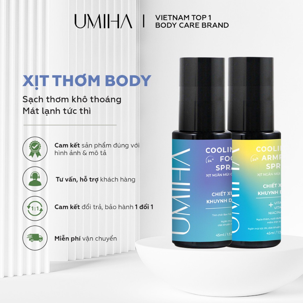 Xịt thơm body Umiha (45ml) - Combo xịt khử mùi cơ thể bao gồm xịt khử mùi hôi chân và xịt khử mùi hôi nách