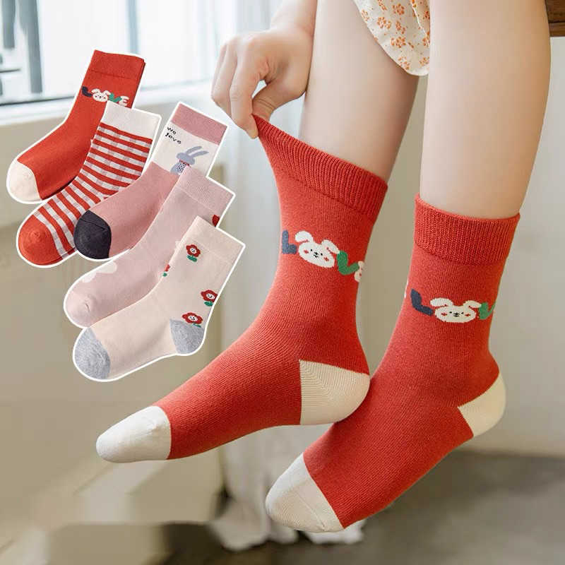 Set 5 đôi tất cotton noel Thỏ Baby Bèo bé gái cổ cao sợi bông mềm mại thoáng khi khử mùi te36
