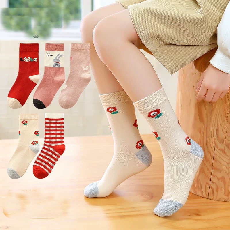Set 5 đôi tất cotton noel Thỏ Baby Bèo bé gái cổ cao sợi bông mềm mại thoáng khi khử mùi te36