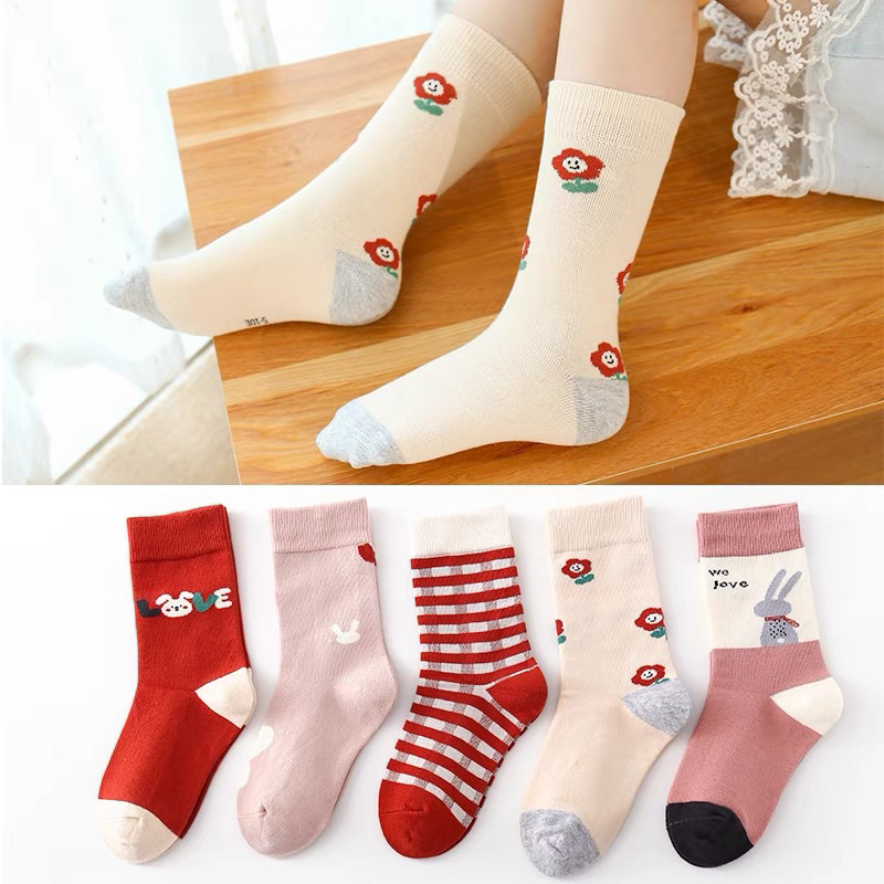 Set 5 đôi tất cotton noel Thỏ Baby Bèo bé gái cổ cao sợi bông mềm mại thoáng khi khử mùi te36