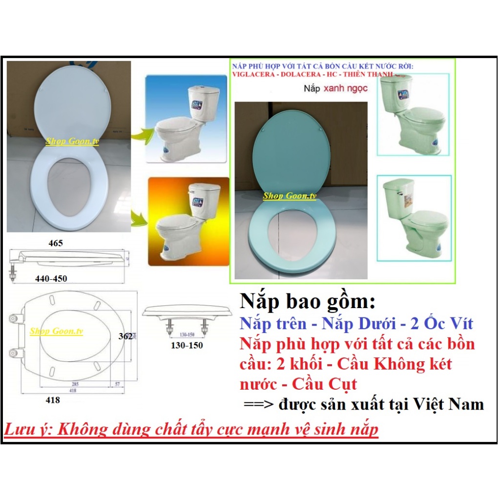 Nắp bồn cầu màu trắng, Phù hợp tất cả các hãng Dolacera, Viglacera, Inax, Cosani, Hảo Cảnh HC, ...