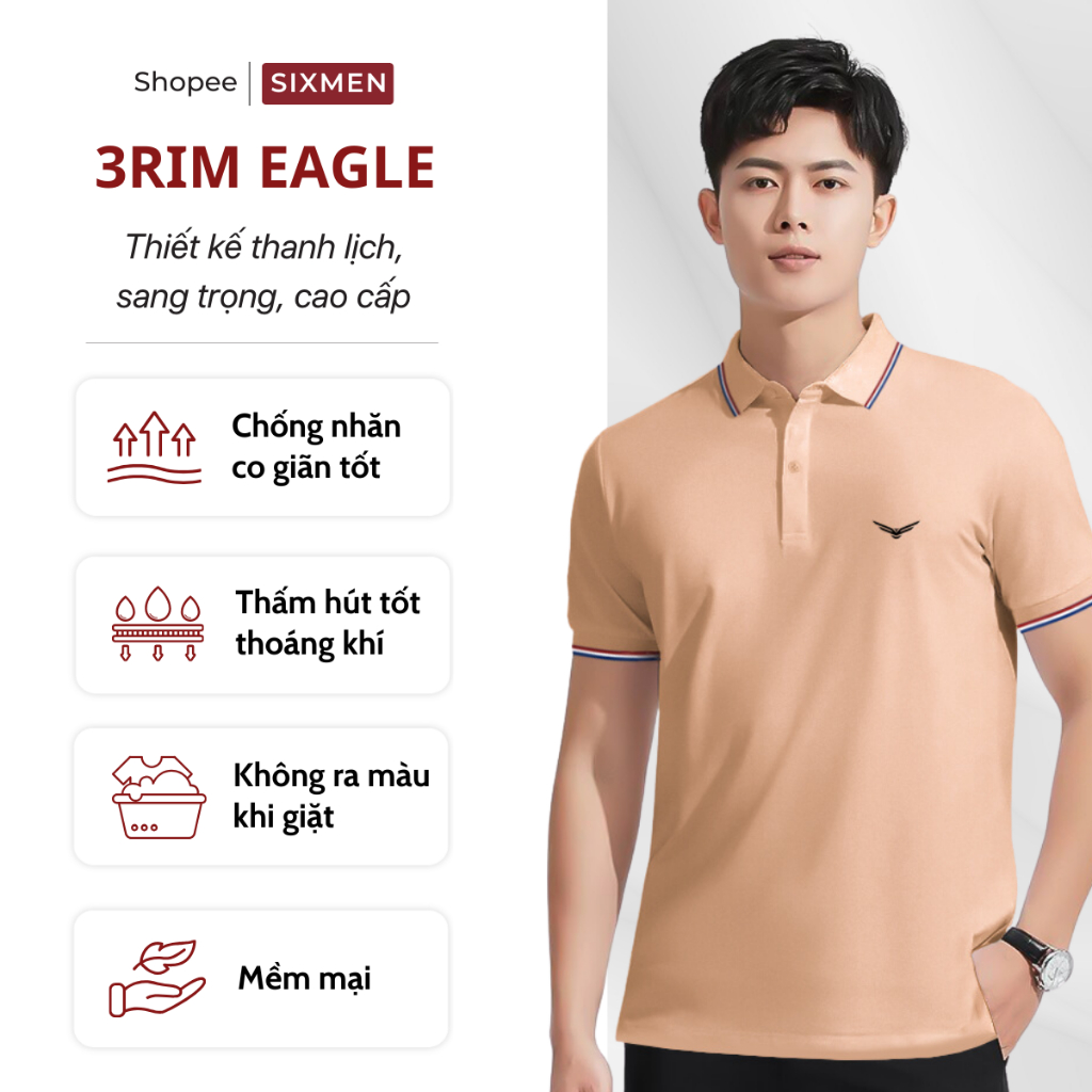 Áo polo nam cao cấp có cổ  SIXMEN 3RIM Eagle - Áo polo vải CVC cotton thoáng mát, sang trọng