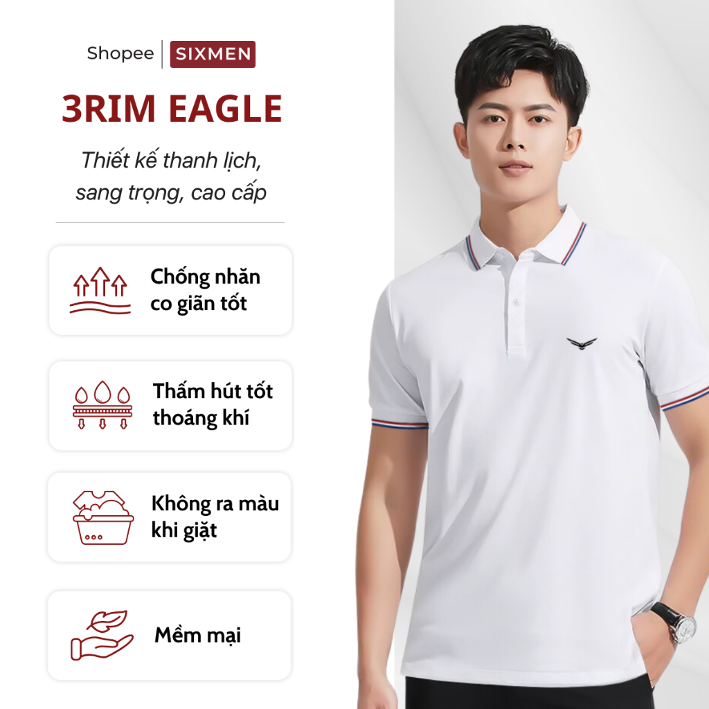 Áo polo nam cao cấp có cổ  SIXMEN 3RIM Eagle - Áo polo vải CVC cotton thoáng mát, sang trọng