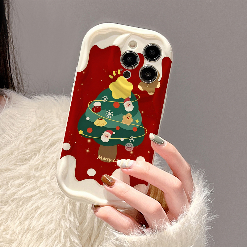 Ốp lưng iphone Viền Nổi Cạnh Sóng Cây thông giáng sinh nền đỏ xinh 6/7/8/8plus/x/11/12/13/14/max/promax sk6004