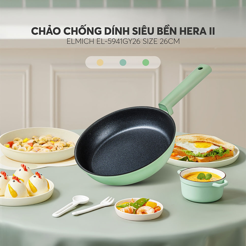 Chảo ELMICH HERA II EL-5941GY (Mầu Xanh Mint, Hợp Kim Nhôm Dầy Dặn Không Lồi Đáy, Dùng Tốt Trên Mọi Loại Bếp)