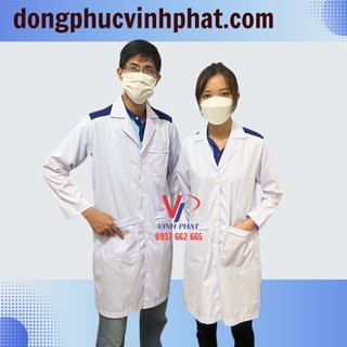Áo blouse trắng sinh viên thực tập có cầu vai xanh tay dài nam nữ - áo choàng blouse bác sĩ, dược sĩ, phòng thí nghiệm