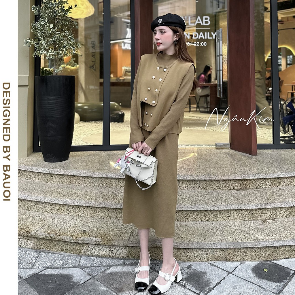 SET ĐẦM VÁY BẦU MÙA ĐÔNG GỒM ÁO GILE VÀ VÁY LEN QUẢNG CHÂU CAO CẤP - ĐẦM BẦU TIỂU THƯ DÀI TAY FREESIZE
