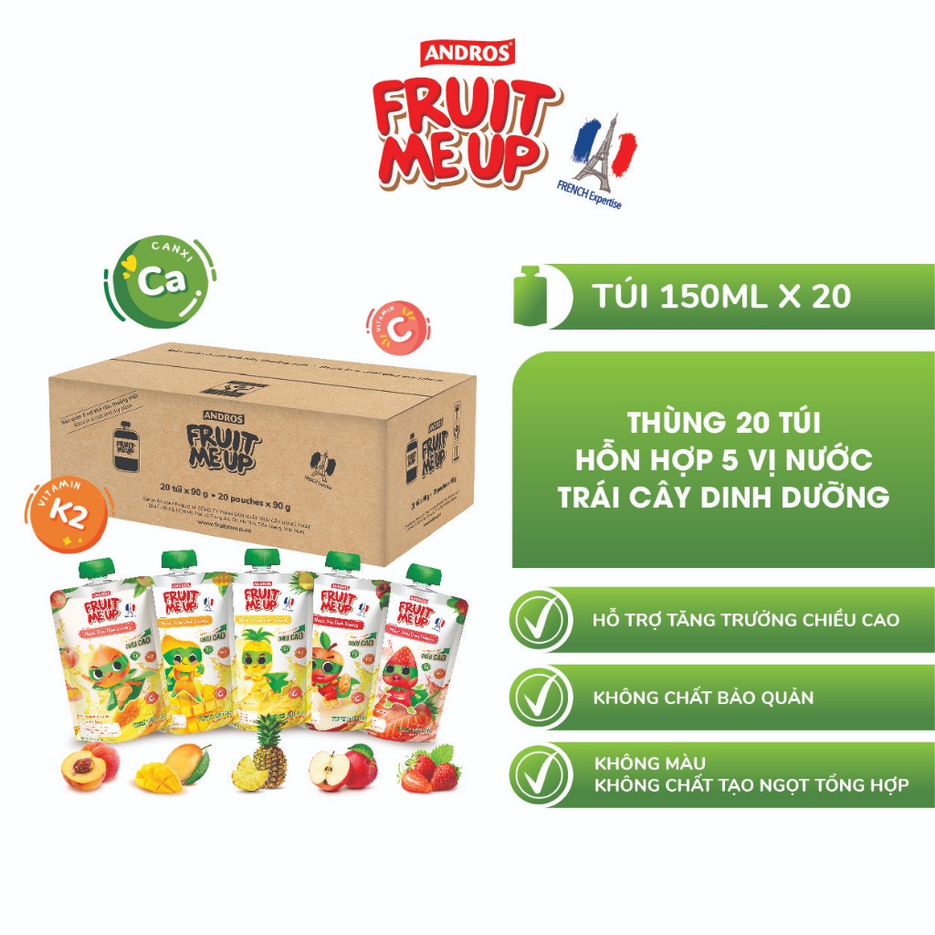 Thùng 20 Túi Nước Trái Cây Dinh Dưỡng Hỗn Hợp 5 Vị - Hỗ trợ bé tăng chiều cao - ANDROS FRUIT ME UP - 150ml x 20