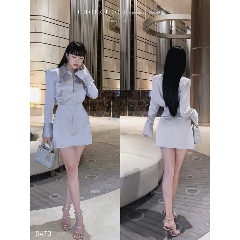 ĐẦM XÁM CỔ SƠ MI DÂY KÉO TAY DÀI