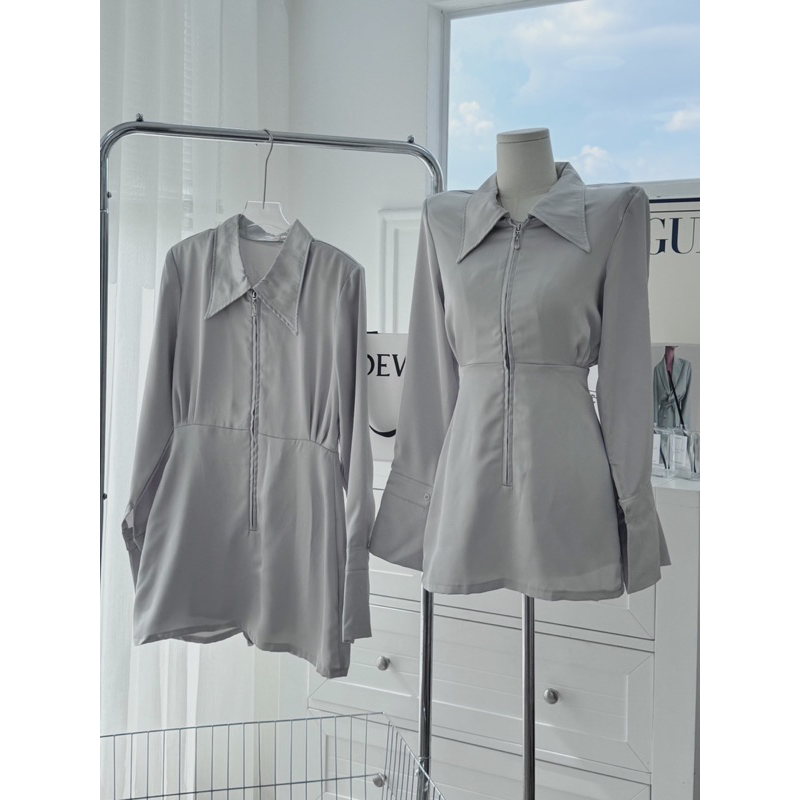 ĐẦM XÁM CỔ SƠ MI DÂY KÉO TAY DÀI