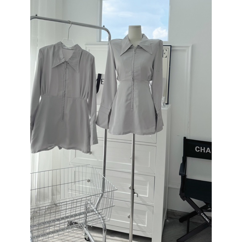 ĐẦM XÁM CỔ SƠ MI DÂY KÉO TAY DÀI