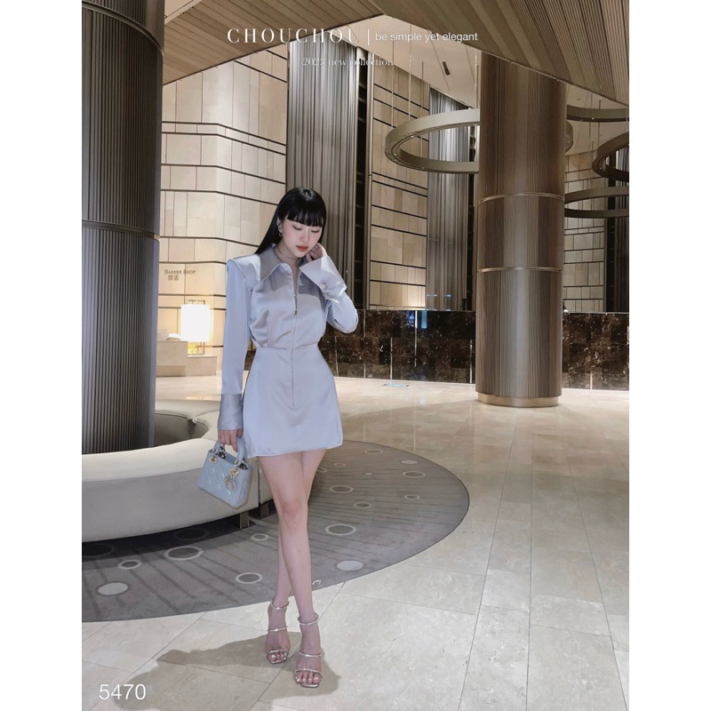 ĐẦM XÁM CỔ SƠ MI DÂY KÉO TAY DÀI