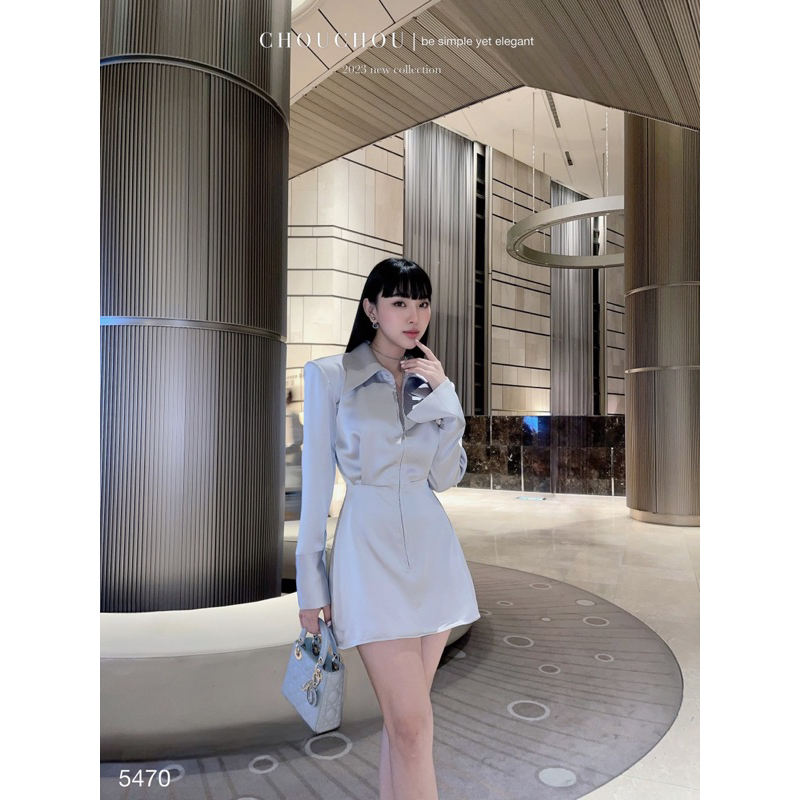 ĐẦM XÁM CỔ SƠ MI DÂY KÉO TAY DÀI