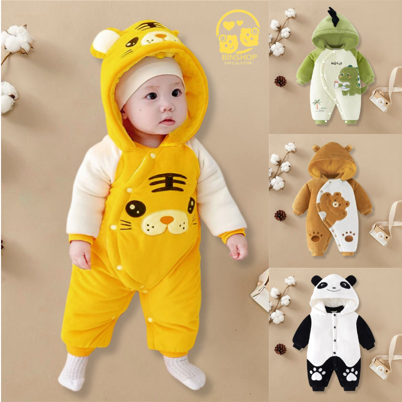 Bodysuit cho bé dài tay kèm mũ hình hổ ấm áp, body nỉ bông cho bé trai bé gái mẫu quần áo sơ sinh cho bé 0-12M
