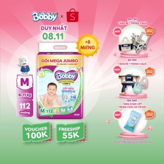  Tã/bỉm quần Bobby 3mm Mega Jumbo Gạo non Giảm nhiệt M112/L96/XL84/XXL76