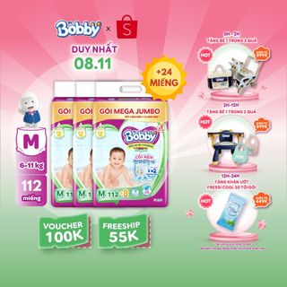  -  Bộ 3 Tã/bỉm quần Bobby 3mm Mega Jumbo Gạo non Giảm nhiệt M112/L96/XL84/XXL76