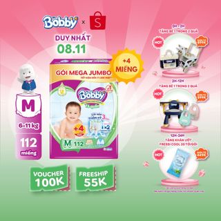 Tã/bỉm quần Bobby 3mm Mega Jumbo Gạo non Giảm nhiệt M112/L96/XL84/XXL76