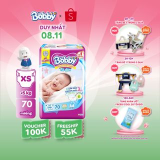 Tã dán sơ sinh Bobby XS70/S54/M46/L40/XL36/XXL34 mới- Lõi nén cotton-soft 3mm