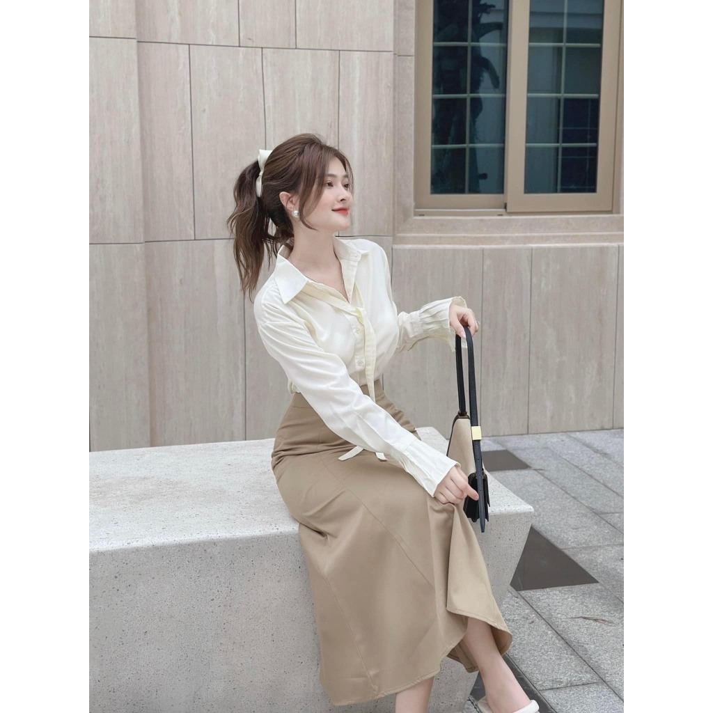 Set bộ đồ nữ áo sơ mi dài tay mix chân váy đuôi cá với phong cách nữ nhẹ nhàng, sang chảnh dành cho các nàng yêu