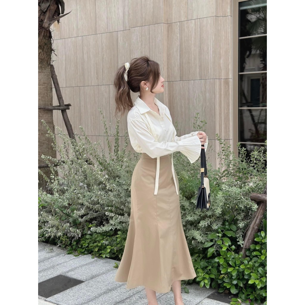 Set bộ đồ nữ áo sơ mi dài tay mix chân váy đuôi cá với phong cách nữ nhẹ nhàng, sang chảnh dành cho các nàng yêu