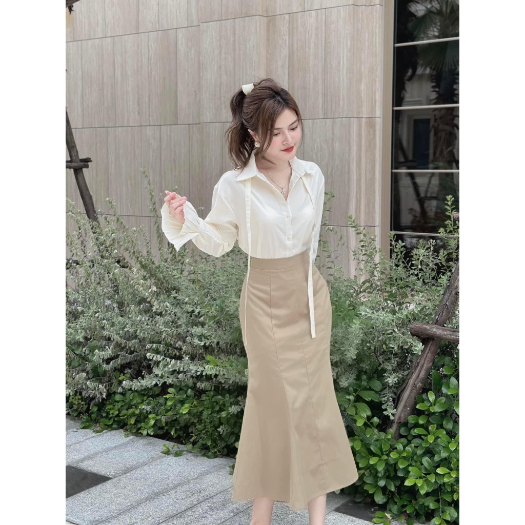 Set bộ đồ nữ áo sơ mi dài tay mix chân váy đuôi cá với phong cách nữ nhẹ nhàng, sang chảnh dành cho các nàng yêu