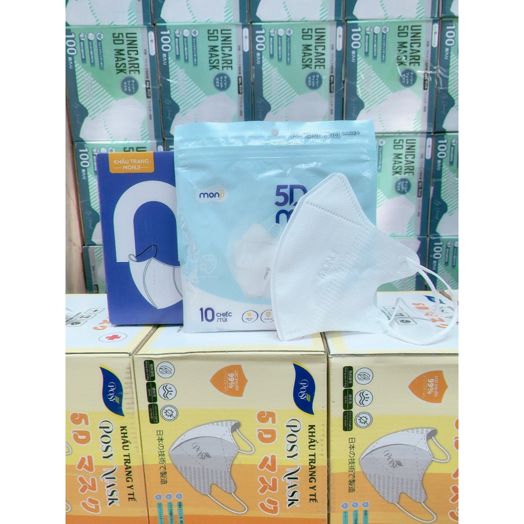 Khẩu trang 5D, kháng khuẩn, thùng 100 chiếc, dùng 1 lần, Monji