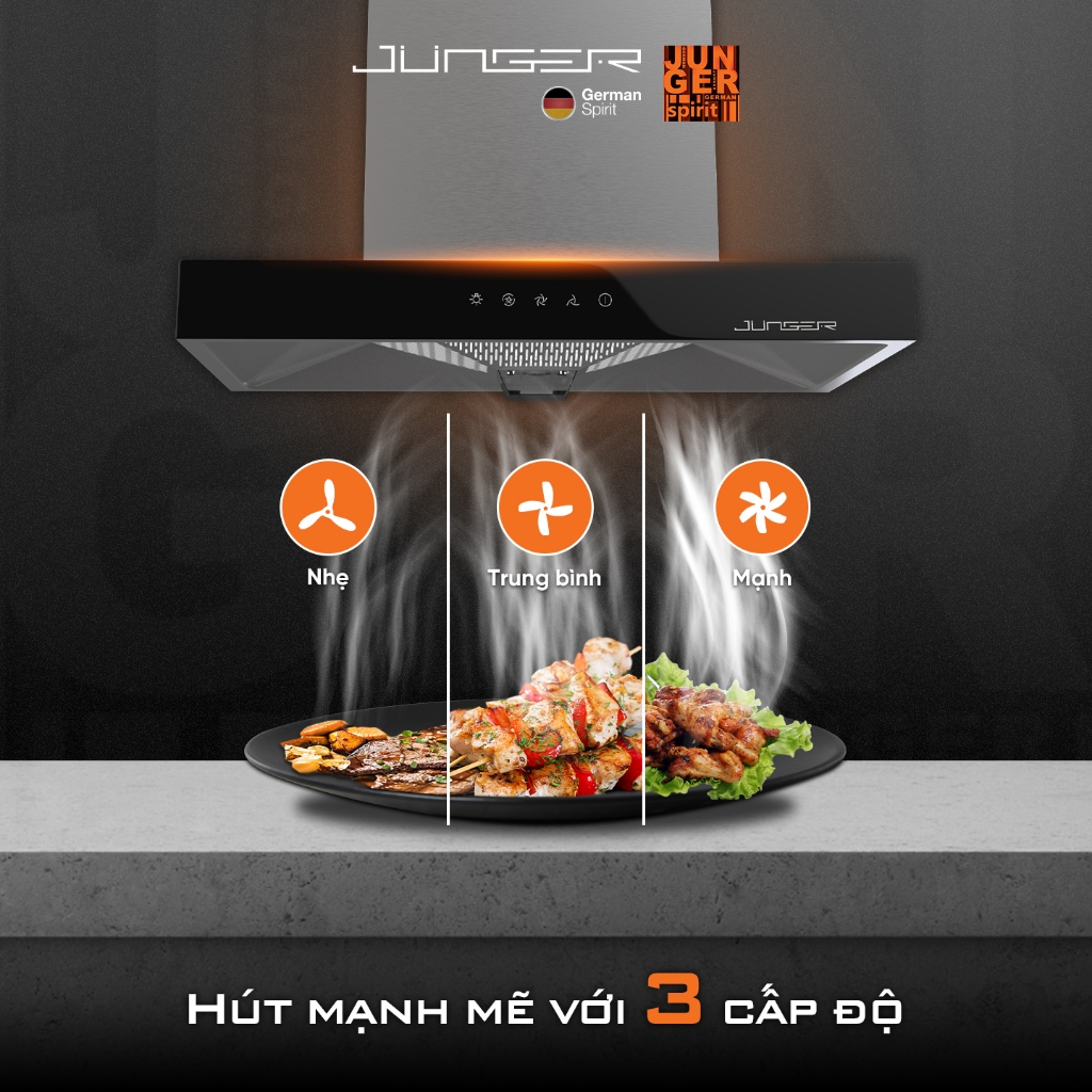 Hút mùi Junger HRJ-75 Công suất 1400m3/h Động cơ AC hút xả trực tiếp Hàng Chính Hãng Bảo Hành 12 Tháng
