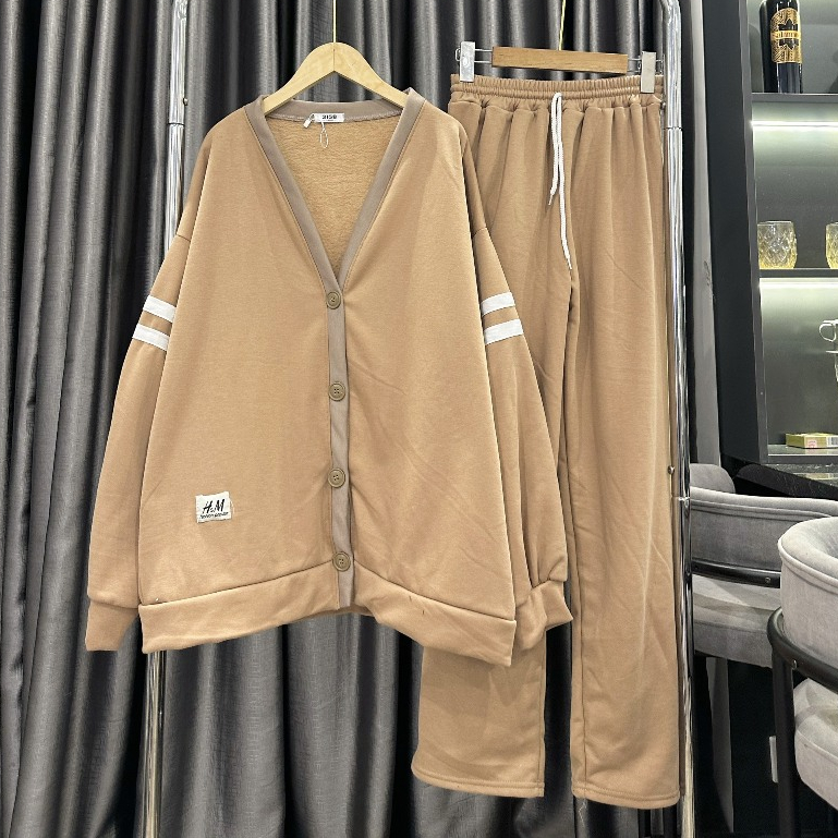 Bộ đồ thu đông nữ áo cardigan viền tay kèm quần suông dây rút dáng dài phong cách Hàn Quốc