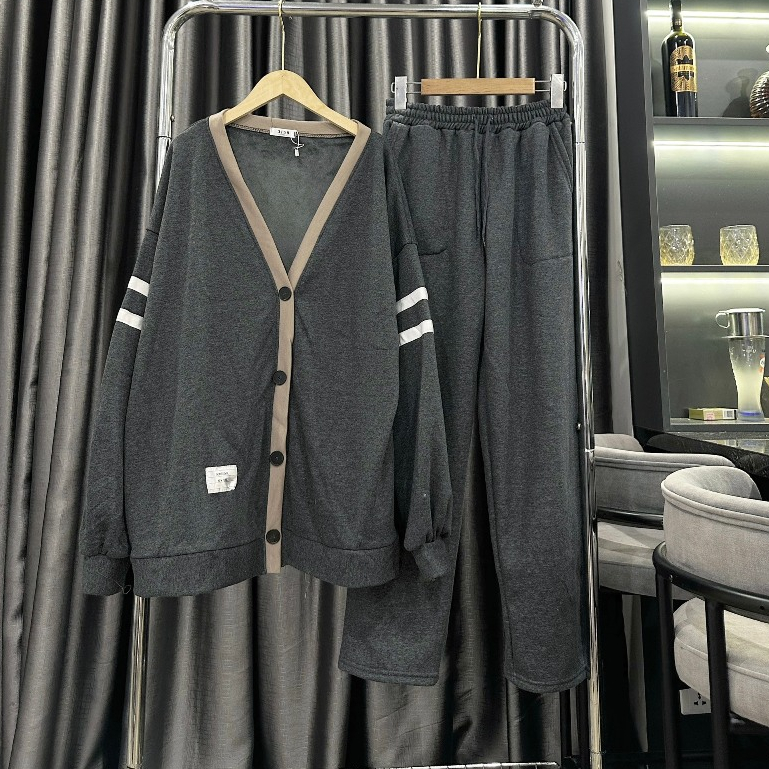 Bộ đồ thu đông nữ áo cardigan viền tay kèm quần suông dây rút dáng dài phong cách Hàn Quốc