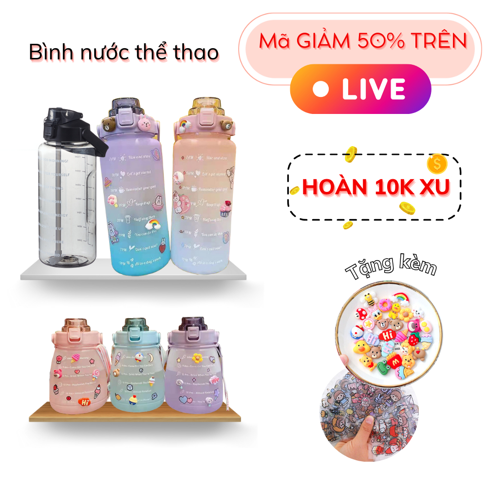 Bình nước 2 lít tặng stiker 3D+2D, bình nước dễ thương cute có vạch báo giờ uống nước