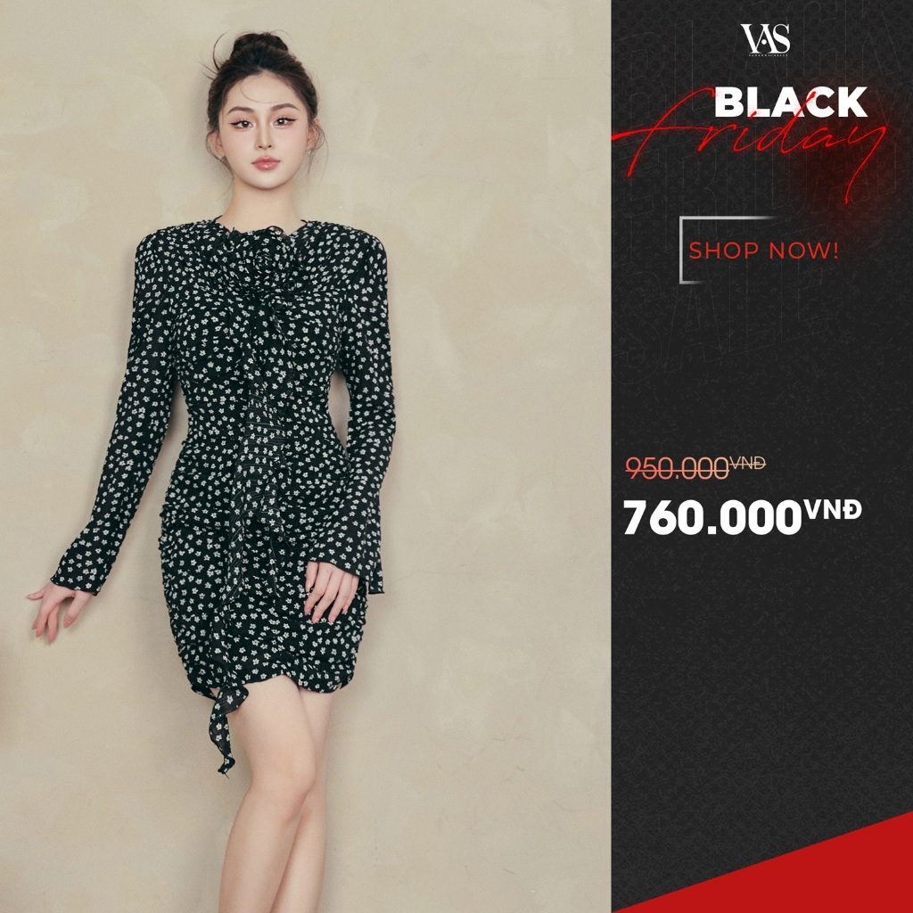 [ BLACK FRIDAY ] Đầm nữ VANANHSCARLET dài tay kèm hoa V060S23