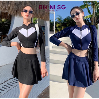 Đồ bơi nữ tay dài dây kéo kín đáo phối váy xoè phong cách thể thao Bikini SG