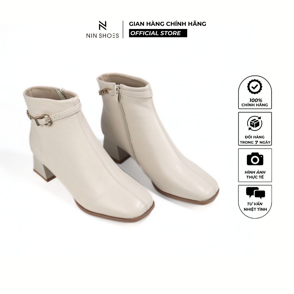 Giày boot nữ cao cổ Ninshoes bốt da trơn cao cấp tôn dáng đế vuông mũi vuông khóa kéo bên hông BOM006