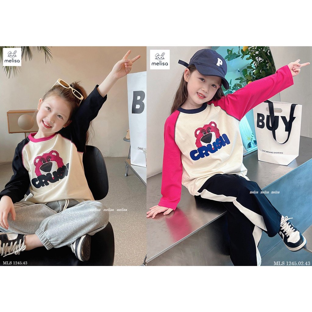 Bộ áo thun quần nỉ gấu dâu cho bé gái BML023