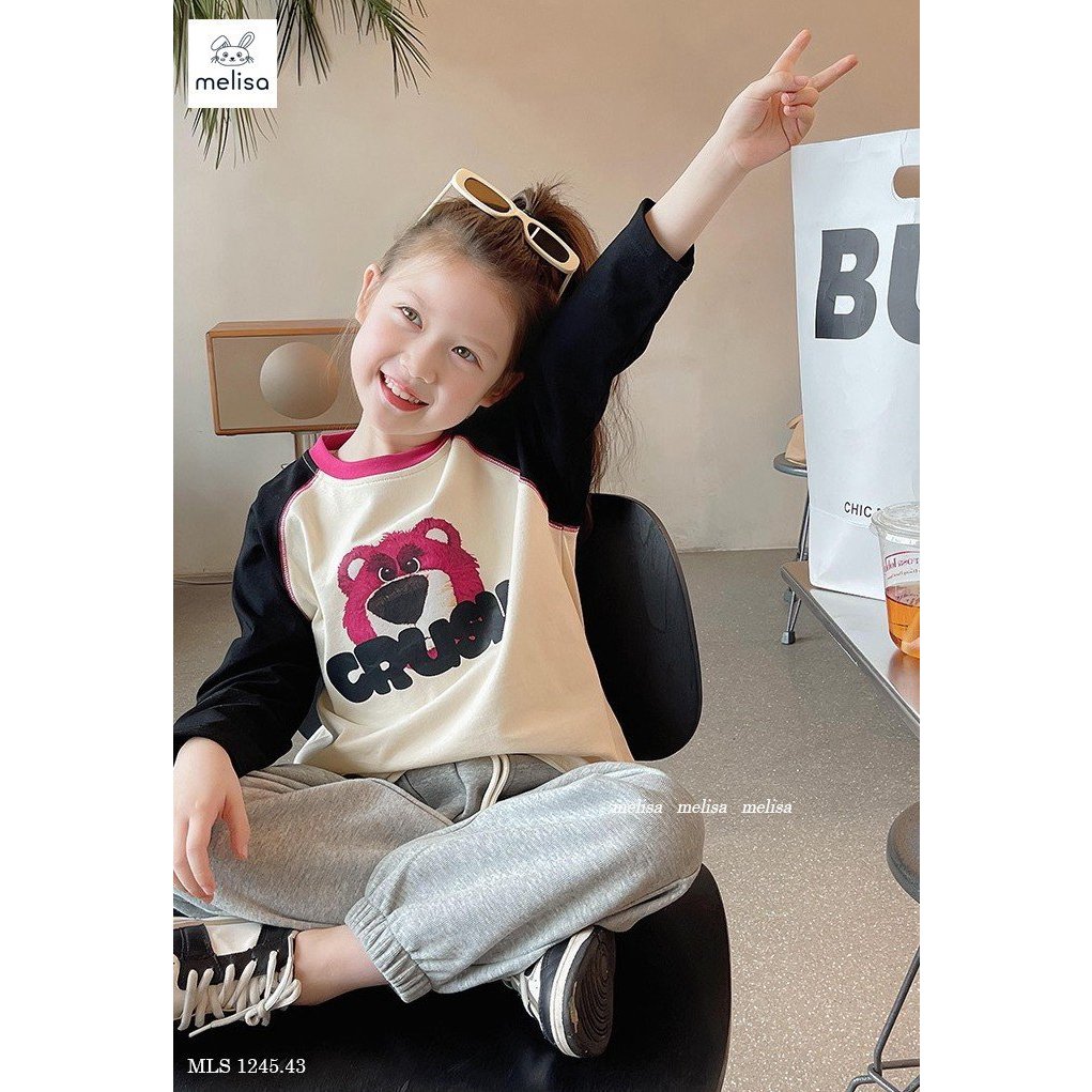 Bộ áo thun quần nỉ gấu dâu cho bé gái BML023