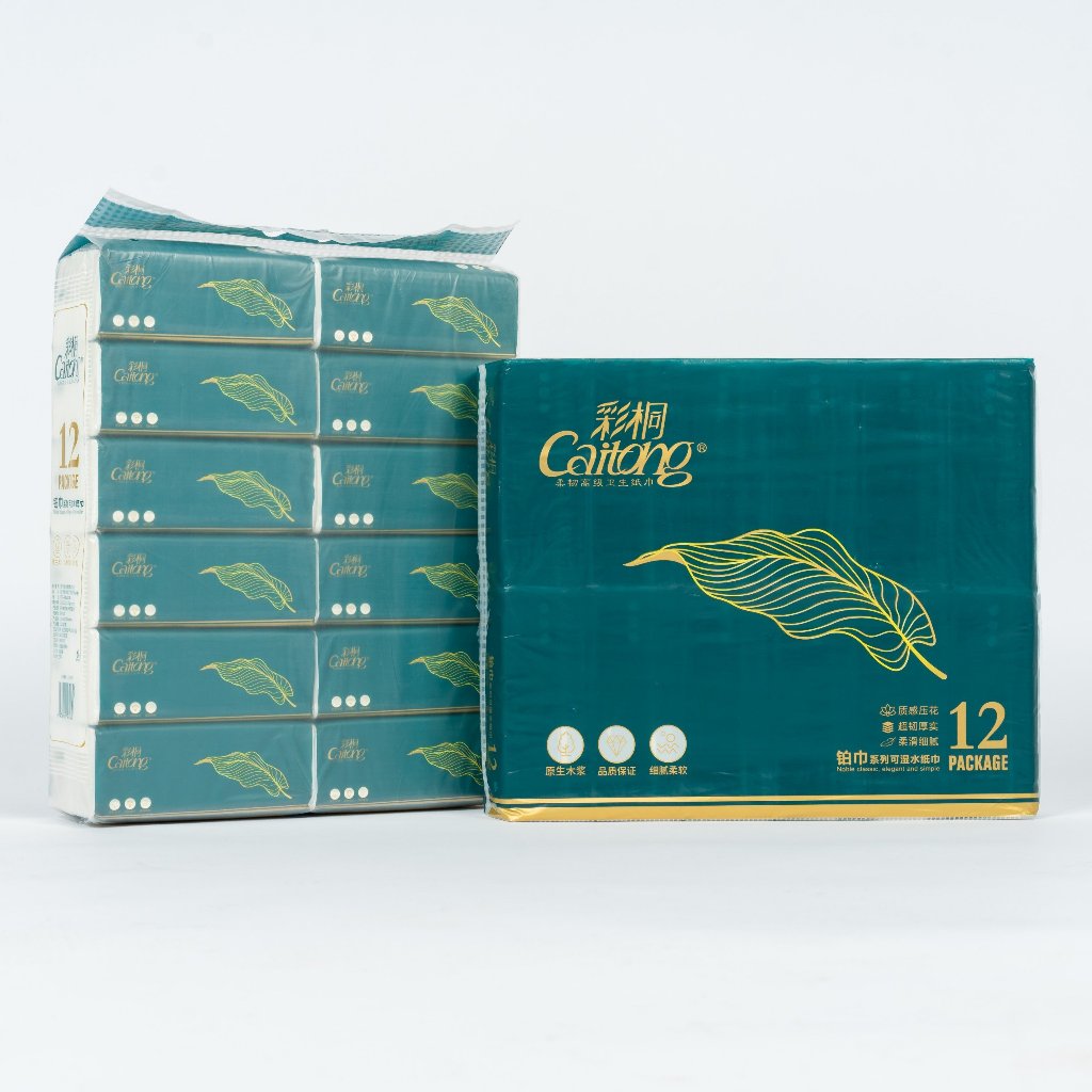 Giấy ăn dạng rút Caitong giấy ăn siêu dày, 5 lớp, mềm mịn màu xanh lá vàng