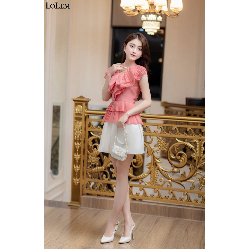 Áo peplum xếp ly cổ V LOLEM AK1394 chất vải tơ mềm mại