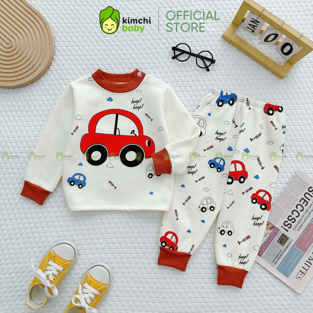 Bộ Nỉ Lót Bông Bé Trai, Bé Gái KIMCHIBABY Họa Tiết Ô Tô Cúc Vai, Đồ Bộ Dài Tay Cho Bé Mặc Nhà Thu Đông KCTD323