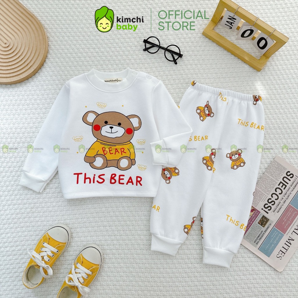 Bộ Nỉ Lót Bông Bé Trai, Bé Gái KIMCHIBABY Họa Tiết Ô Tô Cúc Vai, Đồ Bộ Dài Tay Cho Bé Mặc Nhà Thu Đông KCTD323