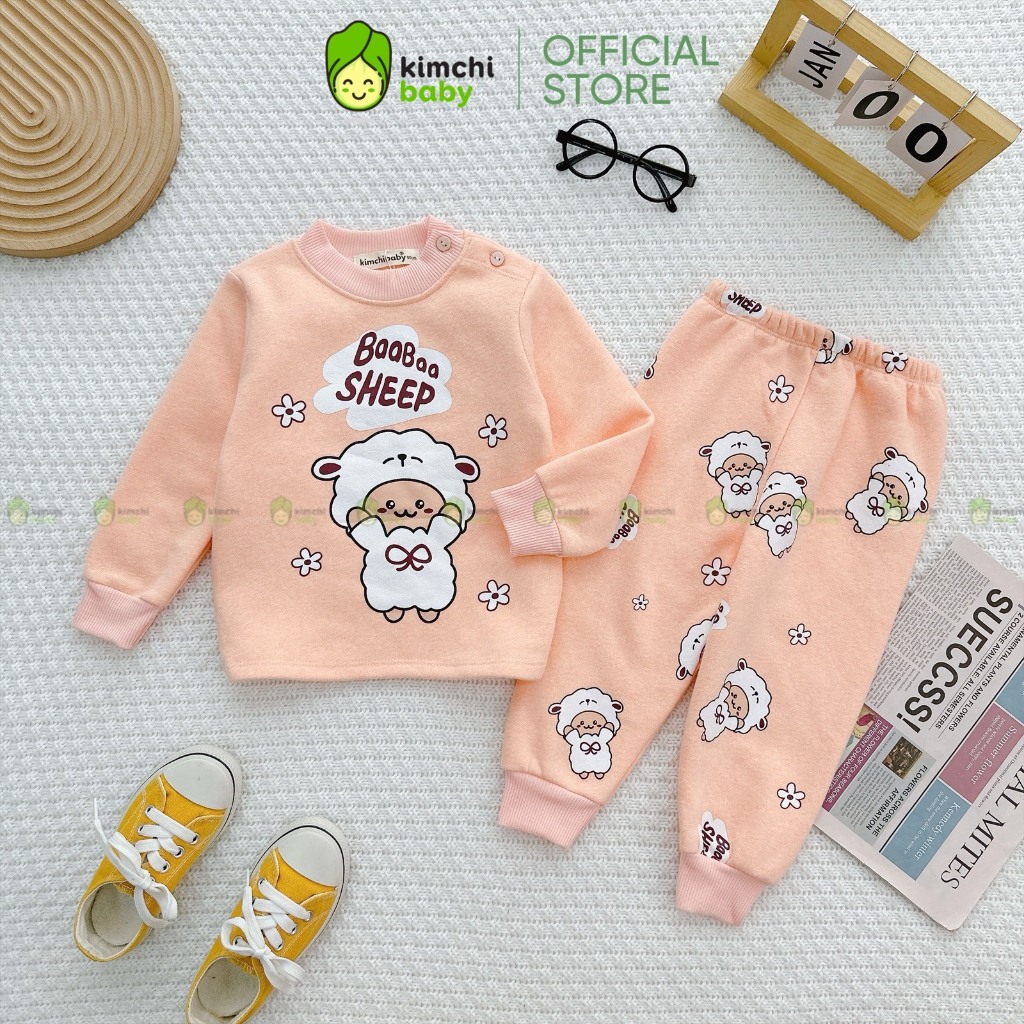 Bộ Nỉ Lót Bông Bé Trai, Bé Gái KIMCHIBABY Họa Tiết Ô Tô Cúc Vai, Đồ Bộ Dài Tay Cho Bé Mặc Nhà Thu Đông KCTD323
