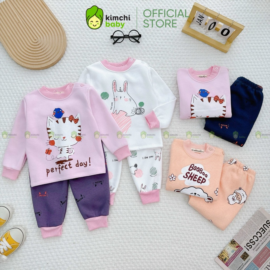 Bộ Dài Tay Cho Bé Gái, Bé Trai KIMCHIBABY Vải Nỉ Lót Bông Họa Tiết Mèo Xinh, Đồ Bộ Cho Bé Mặc Nhà Thu Đông KCTD323