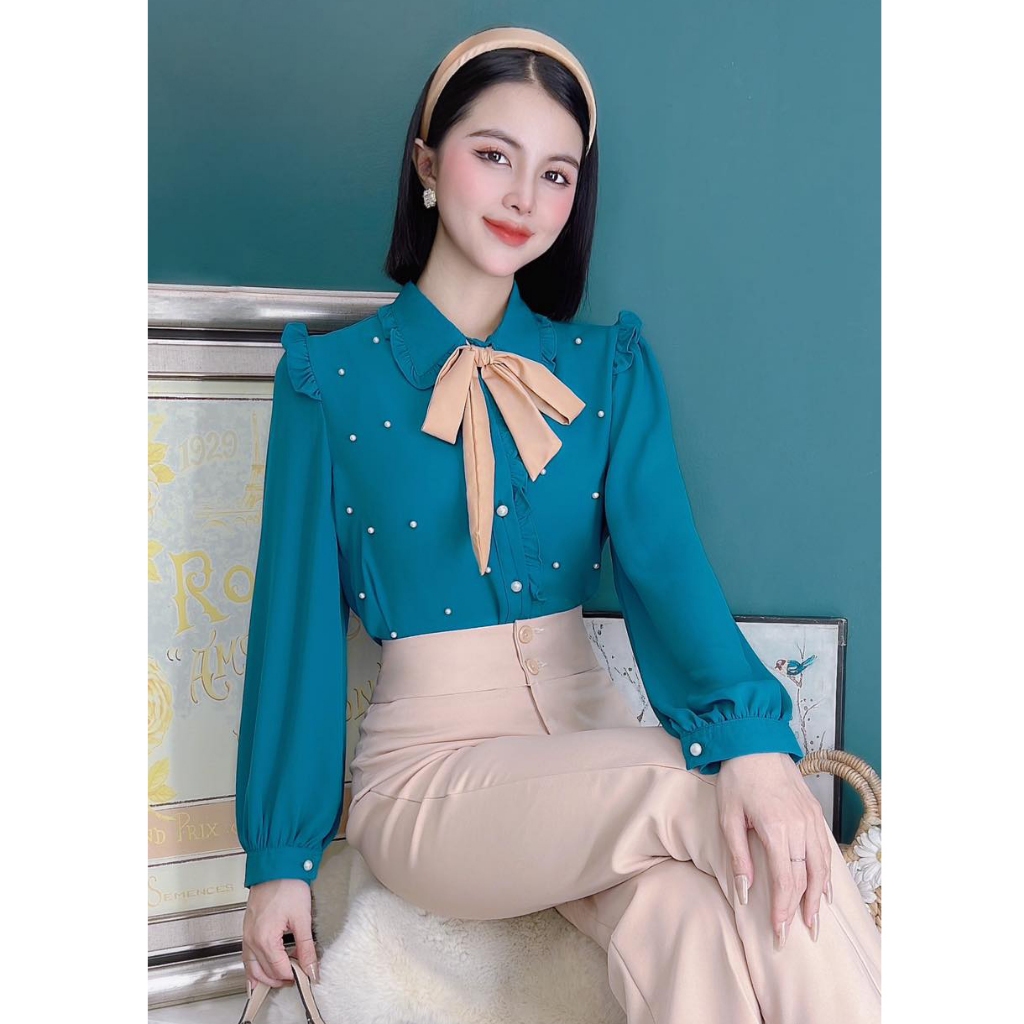Áo sơ mi nữ tay dài đính ngọc kèm nơ màu xinh xắn CHUU A9439