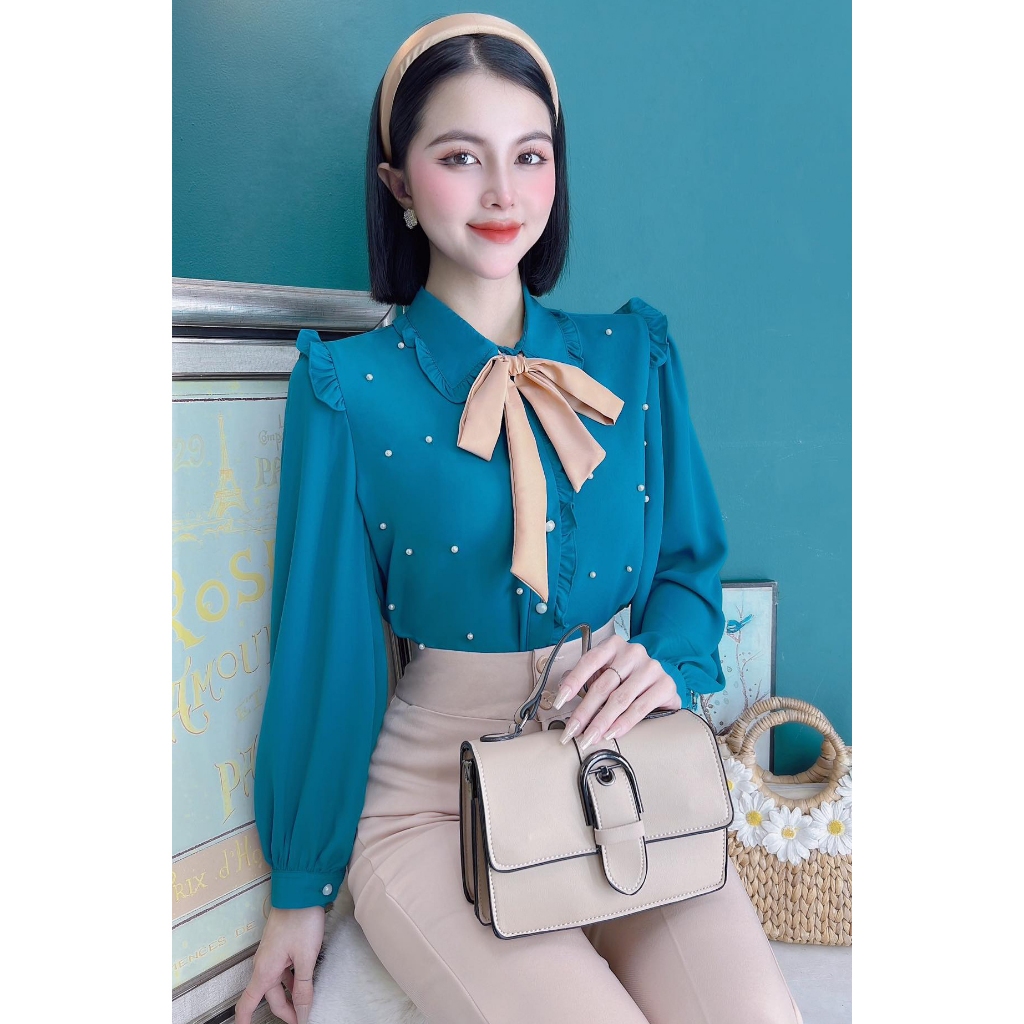 Áo sơ mi nữ tay dài đính ngọc kèm nơ màu xinh xắn CHUU A9439